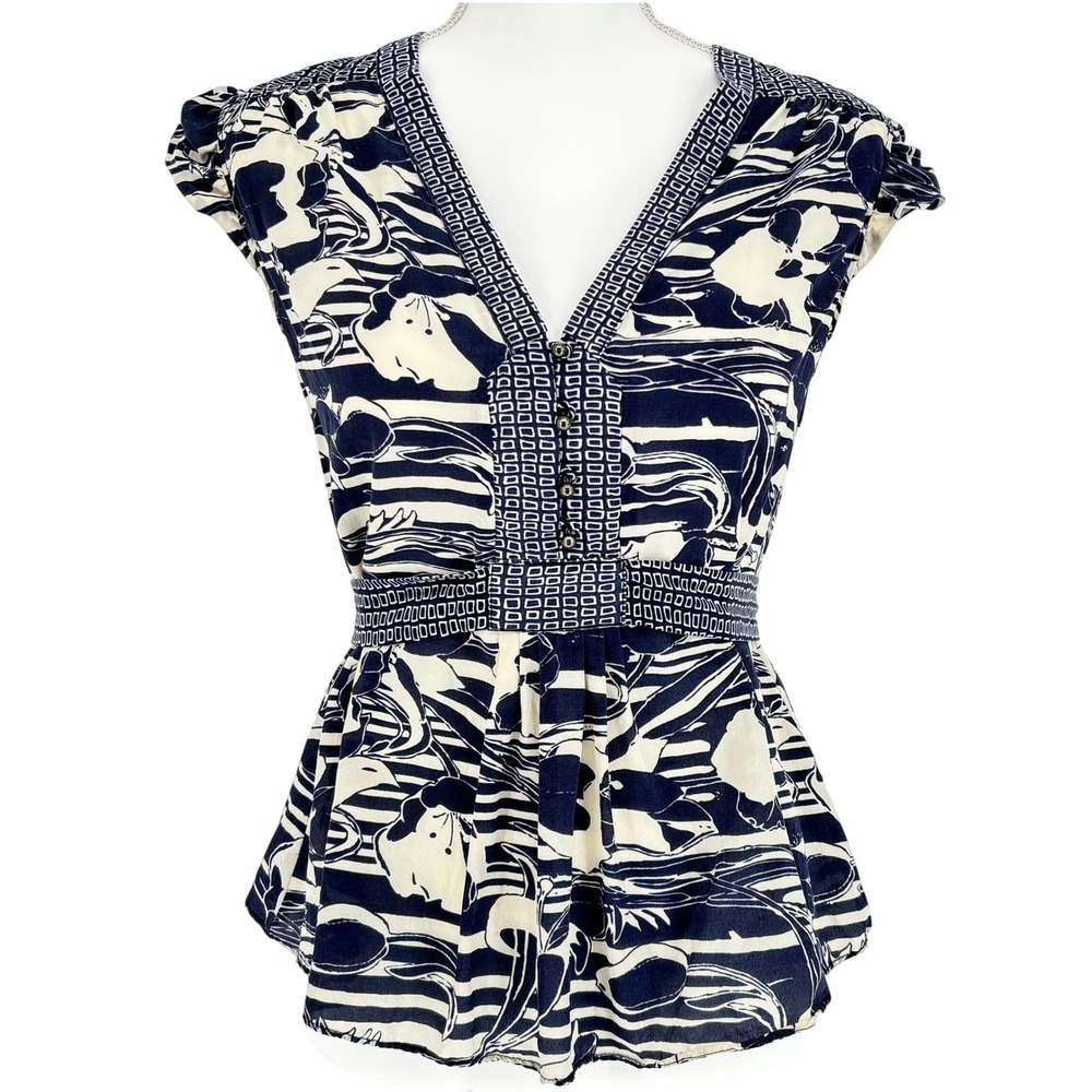 Anthropologie Porridge Navy Cream Silk Floral V Neck Top 6 Cottagecore